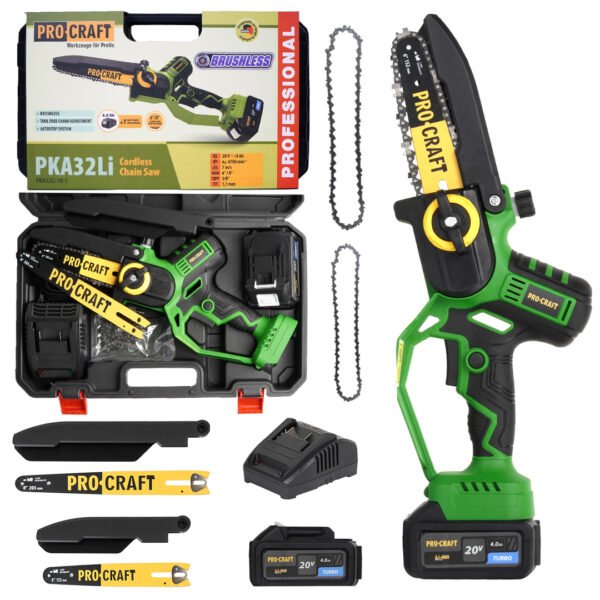 procraft pka32li brushless мини верижен трион 6″/8″ – 1x4ah батерия, зарядно и куфар